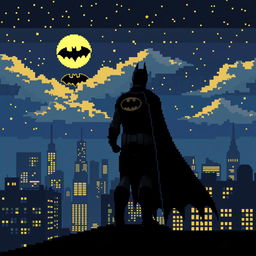 A nostalgic pixel art scene featuring Batman standing on a rooftop, gazing up at the night sky