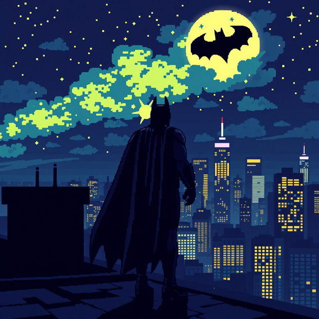 A nostalgic pixel art scene featuring Batman standing on a rooftop, gazing up at the night sky