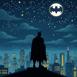 A nostalgic pixel art scene featuring Batman standing on a rooftop, gazing up at the night sky