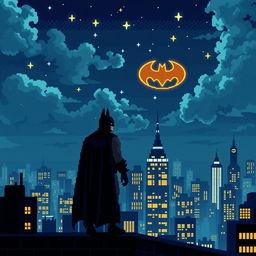 A nostalgic pixel art scene featuring Batman standing on a rooftop, gazing up at the night sky