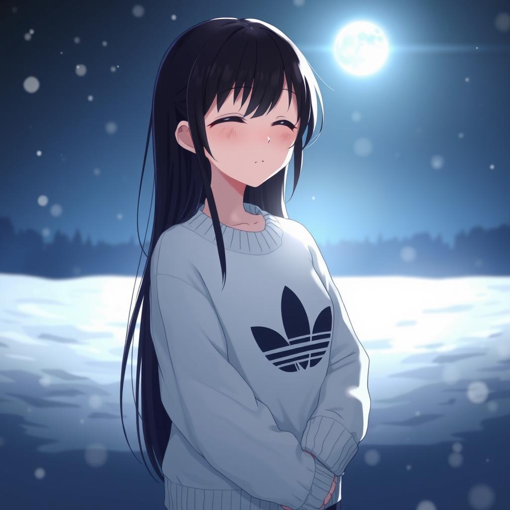 an introverted anime girl with long black hair wearing a cozy white Adidas sweater, standing against a dark winter night background