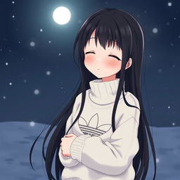 an introverted anime girl with long black hair wearing a cozy white Adidas sweater, standing against a dark winter night background