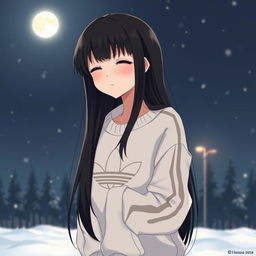 an introverted anime girl with long black hair wearing a cozy white Adidas sweater, standing against a dark winter night background