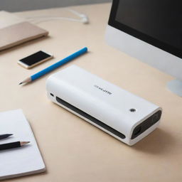 Imagine a technologically advanced pencil case. It features built-in AI assistance to answer academic questions, a digital display, charging ports for electronic devices, and an automatic pencil sharpener. It exudes a futuristic, streamlined aesthetic.