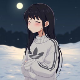 an introverted anime girl with long black hair wearing a cozy white Adidas sweater, standing against a dark winter night background