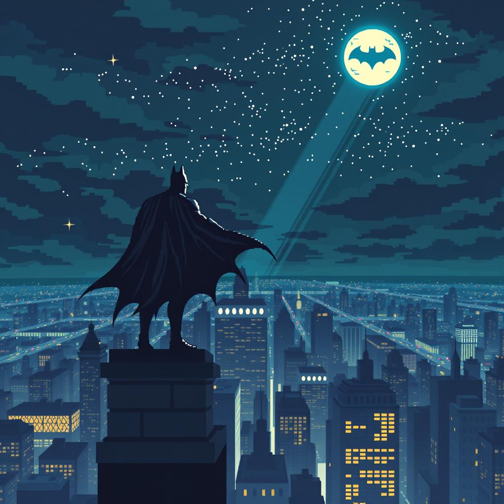 An exquisite pixel art tableau featuring Batman standing majestically on a building rooftop, observing the starlit night sky