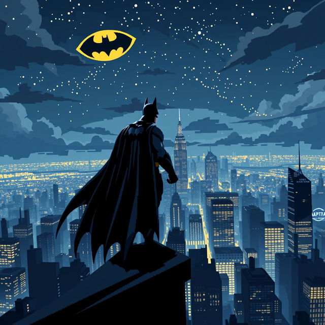 An exquisite pixel art tableau featuring Batman standing majestically on a building rooftop, observing the starlit night sky