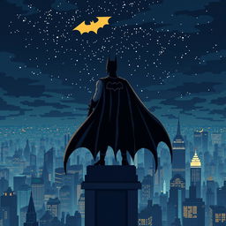 An exquisite pixel art tableau featuring Batman standing majestically on a building rooftop, observing the starlit night sky