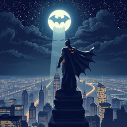 An exquisite pixel art tableau featuring Batman standing majestically on a building rooftop, observing the starlit night sky