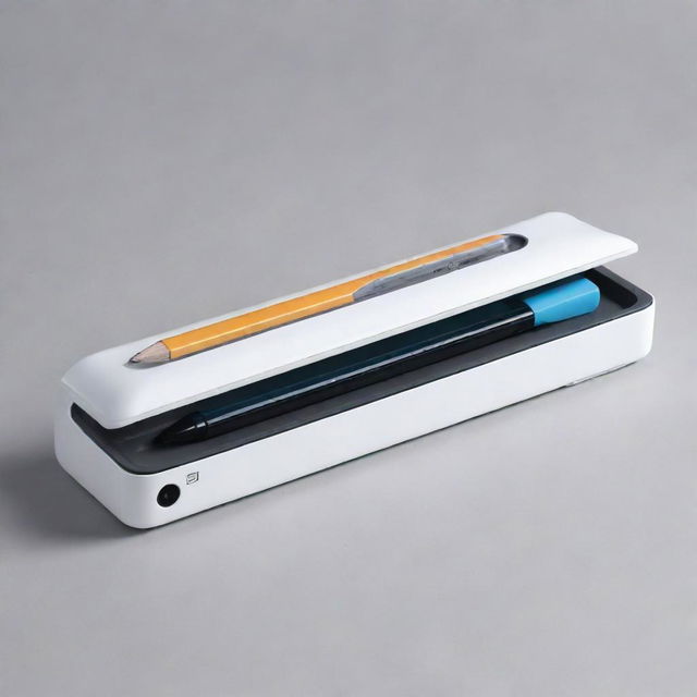 Imagine a technologically advanced pencil case. It features built-in AI assistance to answer academic questions, a digital display, charging ports for electronic devices, and an automatic pencil sharpener. It exudes a futuristic, streamlined aesthetic.