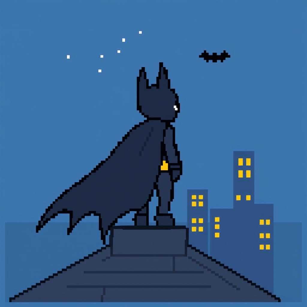 A charming and simplified 16x16 pixel art featuring Batman standing on a rooftop, gazing at the night sky