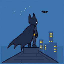 A charming and simplified 16x16 pixel art featuring Batman standing on a rooftop, gazing at the night sky