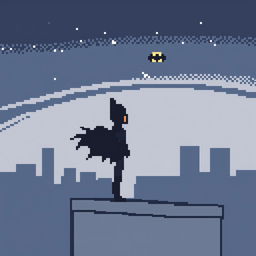 A charming and simplified 16x16 pixel art featuring Batman standing on a rooftop, gazing at the night sky