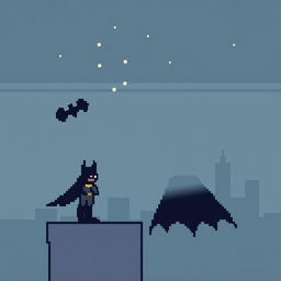 A charming and simplified 16x16 pixel art featuring Batman standing on a rooftop, gazing at the night sky