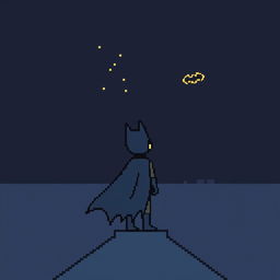 A charming and simplified 16x16 pixel art featuring Batman standing on a rooftop, gazing at the night sky