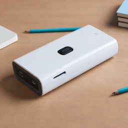 Imagine a technologically advanced pencil case. It features built-in AI assistance to answer academic questions, a digital display, charging ports for electronic devices, and an automatic pencil sharpener. It exudes a futuristic, streamlined aesthetic.