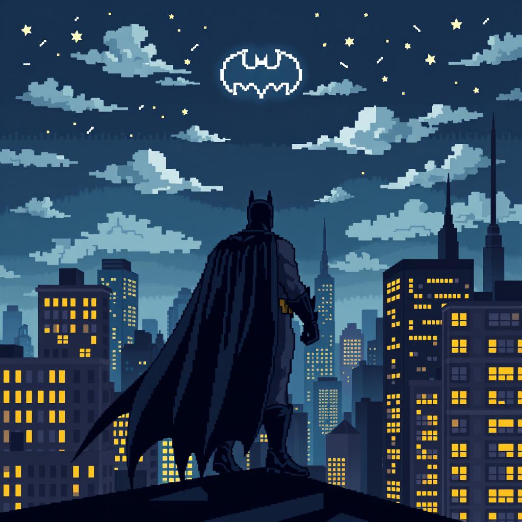 A detailed 32x32 pixel art scene of Batman standing on a rooftop, gazing at the night sky