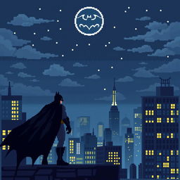 A detailed 32x32 pixel art scene of Batman standing on a rooftop, gazing at the night sky