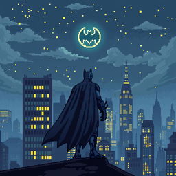 A detailed 32x32 pixel art scene of Batman standing on a rooftop, gazing at the night sky