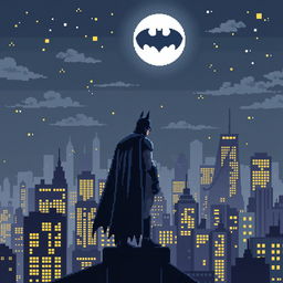 A detailed 32x32 pixel art scene of Batman standing on a rooftop, gazing at the night sky