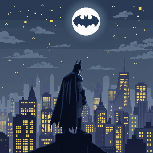 A detailed 32x32 pixel art scene of Batman standing on a rooftop, gazing at the night sky