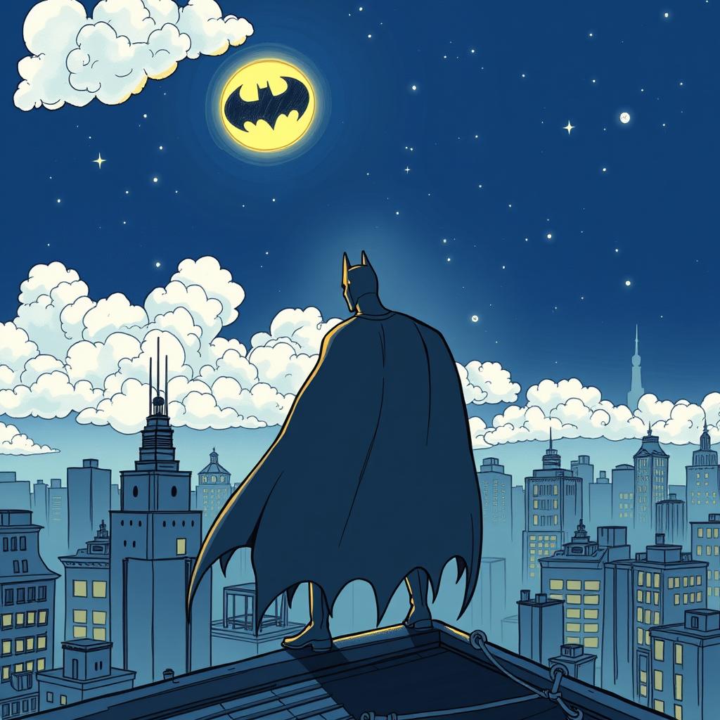 A stylized drawing of Batman standing on a rooftop, gazing at the night sky, with a subtle touch of anime influence