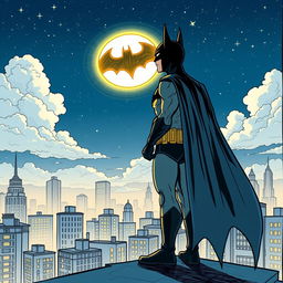 A stylized drawing of Batman standing on a rooftop, gazing at the night sky, with a subtle touch of anime influence