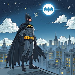 A stylized drawing of Batman standing on a rooftop, gazing at the night sky, with a subtle touch of anime influence