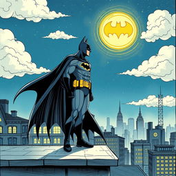 A stylized drawing of Batman standing on a rooftop, gazing at the night sky, with a subtle touch of anime influence