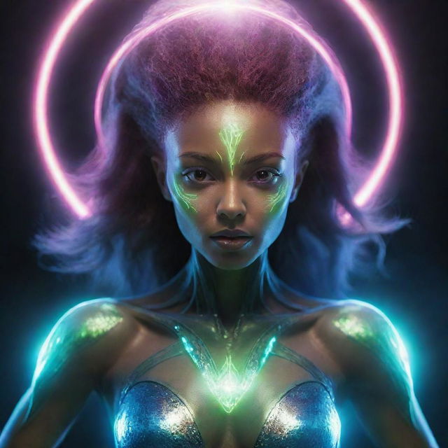 A striking, beautiful alien girl endowed with radiant nuclear super powers. She is glowing with energy and aura, surrounded by manifestation of her power.