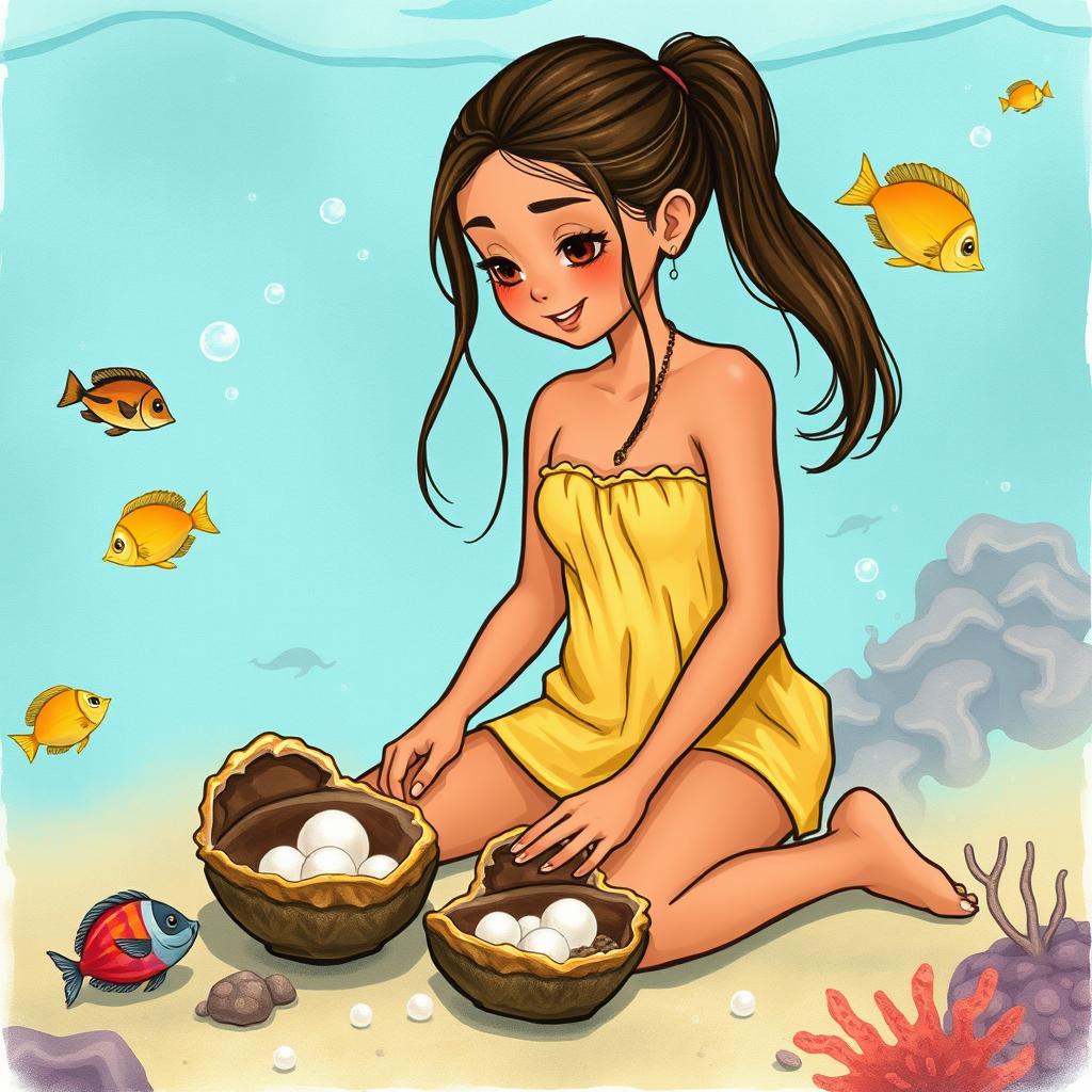 A Polynesian girl collecting pearls inside oysters at the bottom of the sea