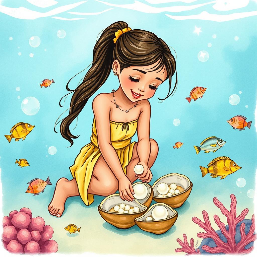 A Polynesian girl collecting pearls inside oysters at the bottom of the sea