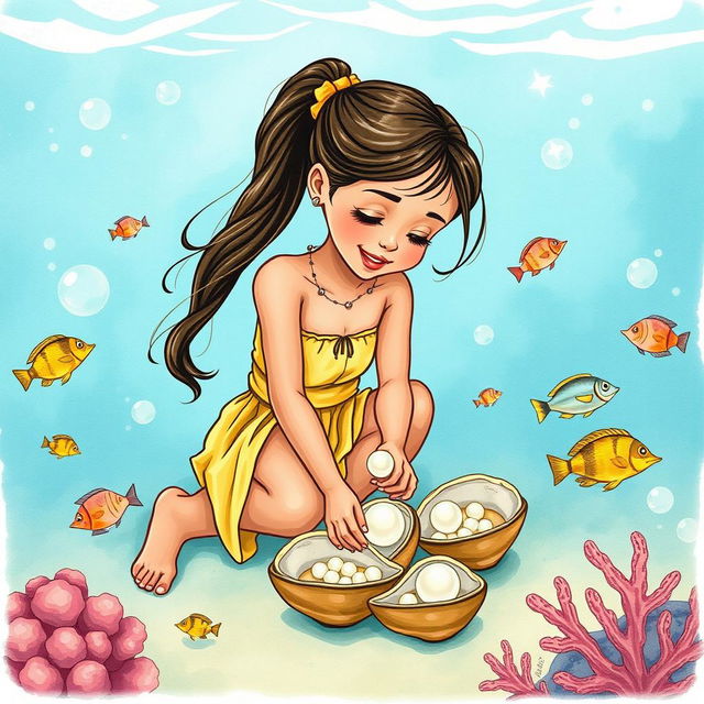 A Polynesian girl collecting pearls inside oysters at the bottom of the sea