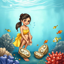 A Polynesian girl collecting pearls inside oysters at the bottom of the sea