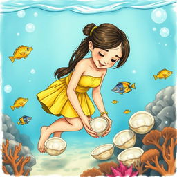 A Polynesian girl collecting pearls inside oysters at the bottom of the sea