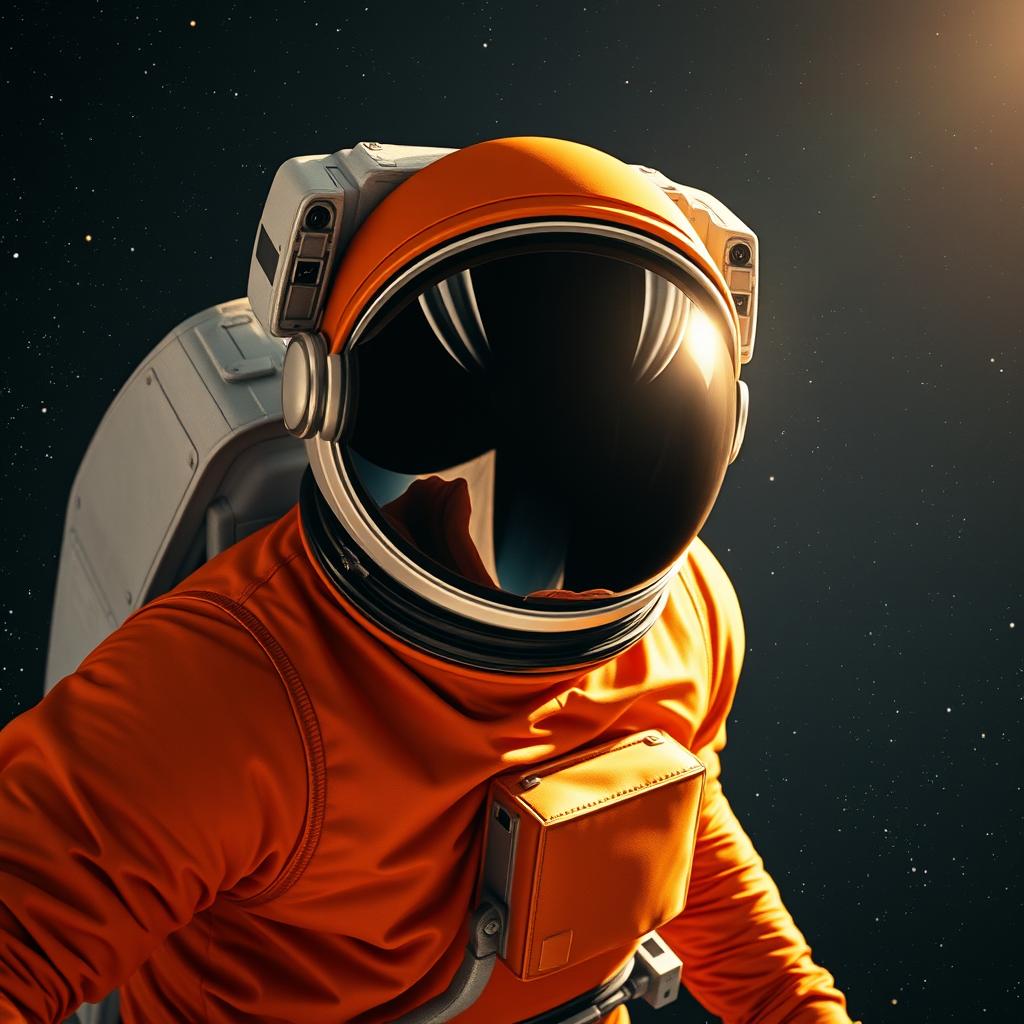 Astronaut wearing an orange suit, with a helmet featuring a dark visor that has two white lines resembling eyes