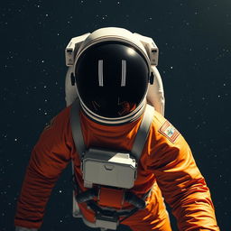 Astronaut wearing an orange suit, with a helmet featuring a dark visor that has two white lines resembling eyes