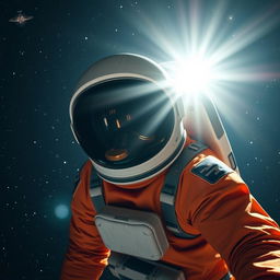 Astronaut wearing an orange suit, with a helmet featuring a dark visor that has two white lines resembling eyes