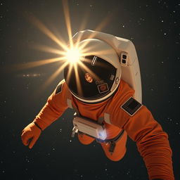 Astronaut wearing an orange suit, with a helmet featuring a dark visor that has two white lines resembling eyes