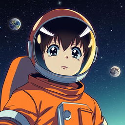 Anime-style astronaut wearing an orange suit, with a helmet featuring a dark visor that has two white lines resembling eyes