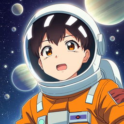 Anime-style astronaut wearing an orange suit, with a helmet featuring a dark visor that has two white lines resembling eyes