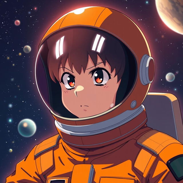 Anime-style astronaut wearing an orange suit, with a helmet featuring a dark visor that has two white lines resembling eyes