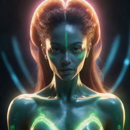 A striking, beautiful alien girl endowed with radiant nuclear super powers. She is glowing with energy and aura, surrounded by manifestation of her power.