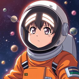 Anime-style astronaut wearing an orange suit, with a helmet featuring a dark visor that has two white lines resembling eyes