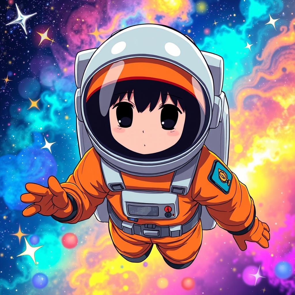 Anime-style astronaut wearing an orange suit, with a helmet featuring a dark visor with two white lines resembling eyes, without showing the character's face