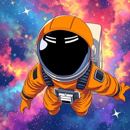 Anime-style astronaut wearing an orange suit, with a helmet featuring a dark visor with two white lines resembling eyes, without showing the character's face