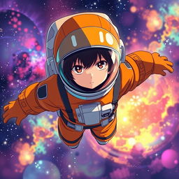 Anime-style astronaut wearing an orange suit, with a helmet featuring a dark visor with two white lines resembling eyes, without showing the character's face