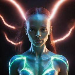 A striking, beautiful alien girl endowed with radiant nuclear super powers. She is glowing with energy and aura, surrounded by manifestation of her power.