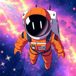 Anime-style astronaut wearing an orange suit, with a helmet featuring a dark visor with two white lines resembling eyes, without showing the character's face