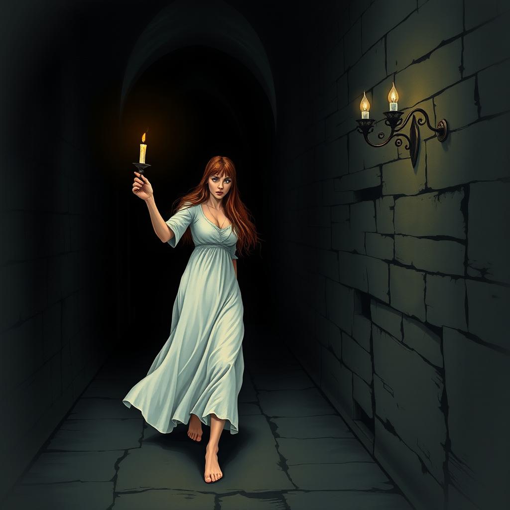 A frightened woman walking through a dark corridor of a castle at night, holding a candelabrum